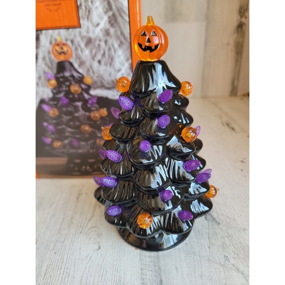 Haunted Halloween ceramic black tree pumpkin light up table top home decor